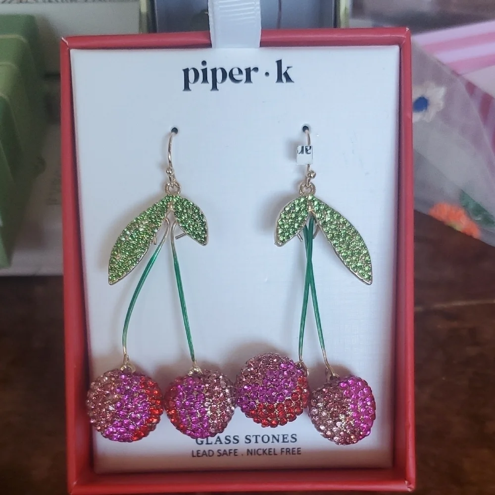 Piper K Cherry Drop Earrings - Green and Pink